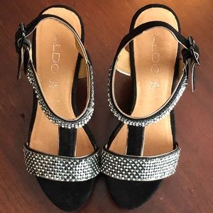 Aldo Black Rhinestone Wedge Heel Sandals